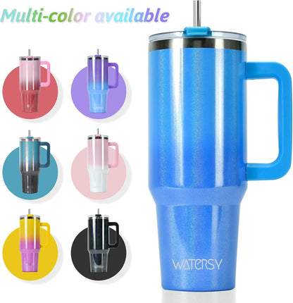 40 oz Shiny Tumbler with Handle and Straw,Stainless Steel Tumbler with Lid and Straw,Insulated Travel Mug(Cold for 34 Hours),Water Bottle for Iced Tea,Coffee (Yellow)