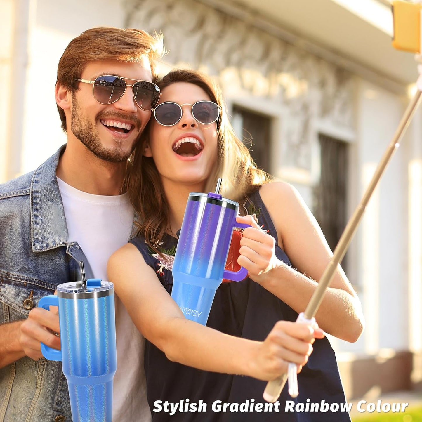 40 oz Shiny Tumbler with Handle and Straw,Stainless Steel Tumbler with Lid and Straw,Insulated Travel Mug(Cold for 34 Hours),Water Bottle for Iced Tea,Coffee (Yellow)