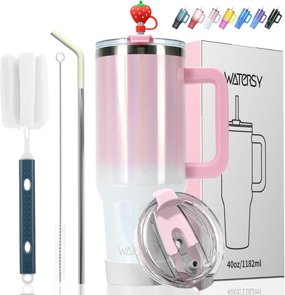 40 oz Shiny Tumbler with Handle and Straw,Stainless Steel Tumbler with Lid and Straw,Insulated Travel Mug(Cold for 34 Hours),Water Bottle for Iced Tea,Coffee (Yellow)