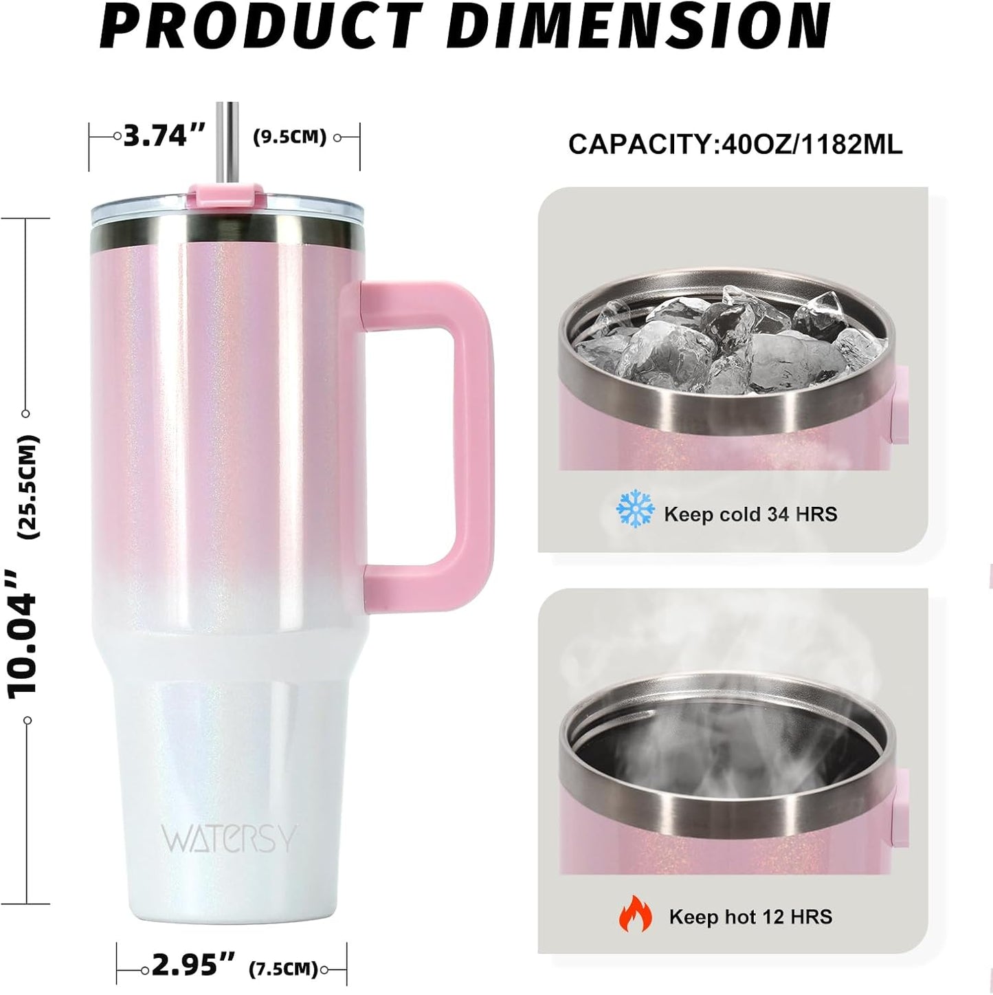 40 oz Shiny Tumbler with Handle and Straw,Stainless Steel Tumbler with Lid and Straw,Insulated Travel Mug(Cold for 34 Hours),Water Bottle for Iced Tea,Coffee (Yellow)