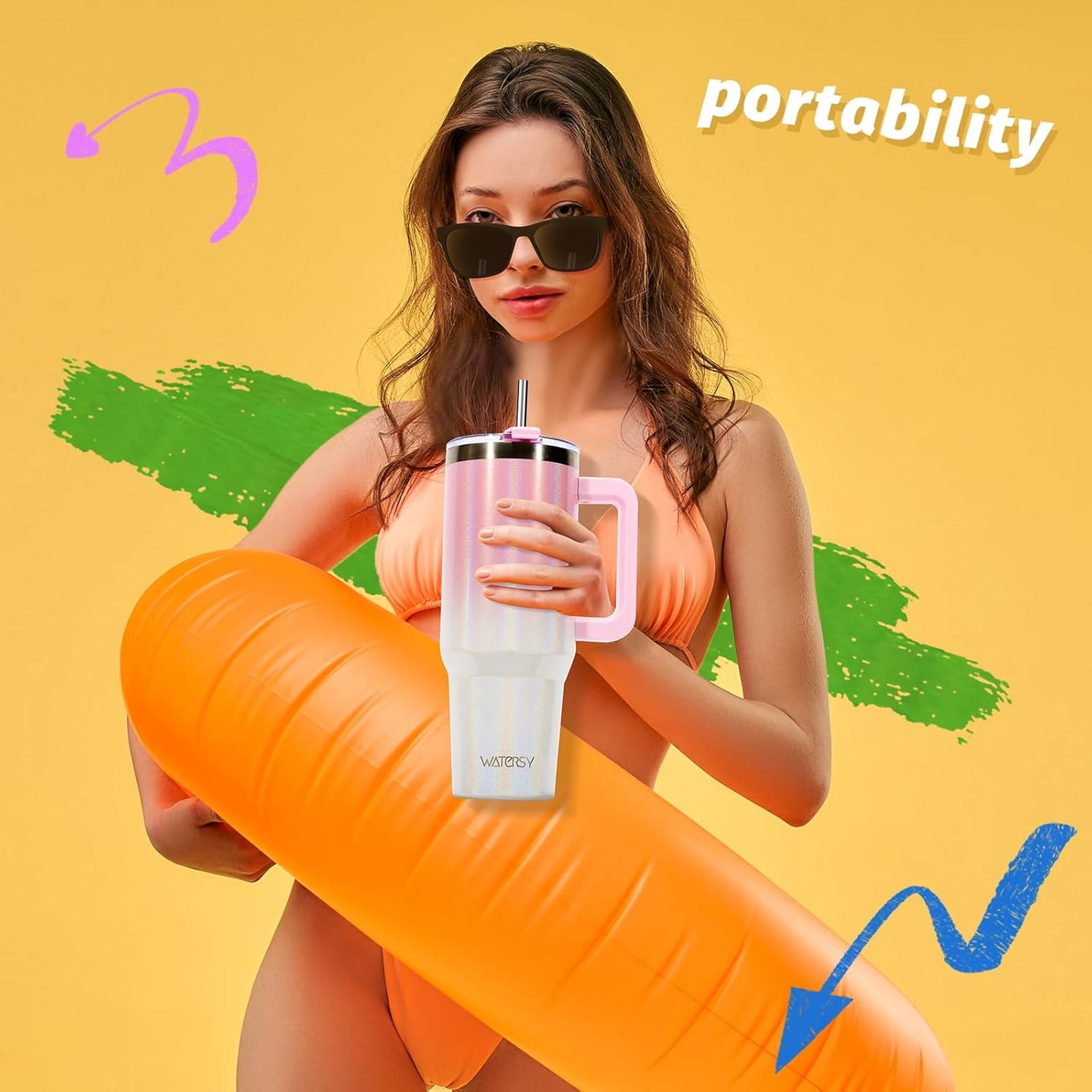 40 oz Shiny Tumbler with Handle and Straw,Stainless Steel Tumbler with Lid and Straw,Insulated Travel Mug(Cold for 34 Hours),Water Bottle for Iced Tea,Coffee (Yellow)