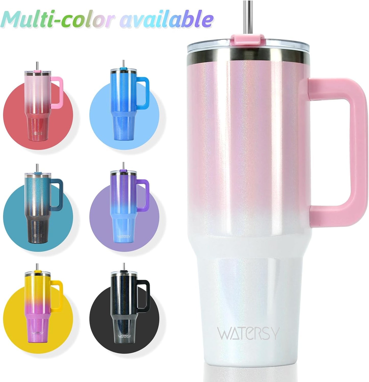 40 oz Shiny Tumbler with Handle and Straw,Stainless Steel Tumbler with Lid and Straw,Insulated Travel Mug(Cold for 34 Hours),Water Bottle for Iced Tea,Coffee (Yellow)