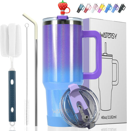 40 oz Shiny Tumbler with Handle and Straw,Stainless Steel Tumbler with Lid and Straw,Insulated Travel Mug(Cold for 34 Hours),Water Bottle for Iced Tea,Coffee (Yellow)