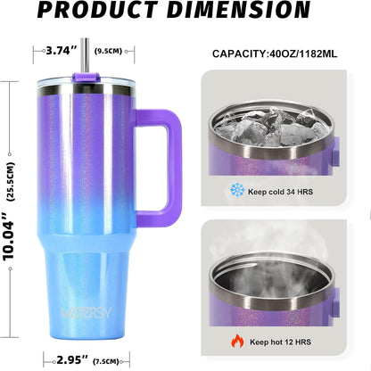 40 oz Shiny Tumbler with Handle and Straw,Stainless Steel Tumbler with Lid and Straw,Insulated Travel Mug(Cold for 34 Hours),Water Bottle for Iced Tea,Coffee (Yellow)