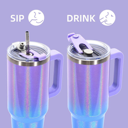 40 oz Shiny Tumbler with Handle and Straw,Stainless Steel Tumbler with Lid and Straw,Insulated Travel Mug(Cold for 34 Hours),Water Bottle for Iced Tea,Coffee (Yellow)