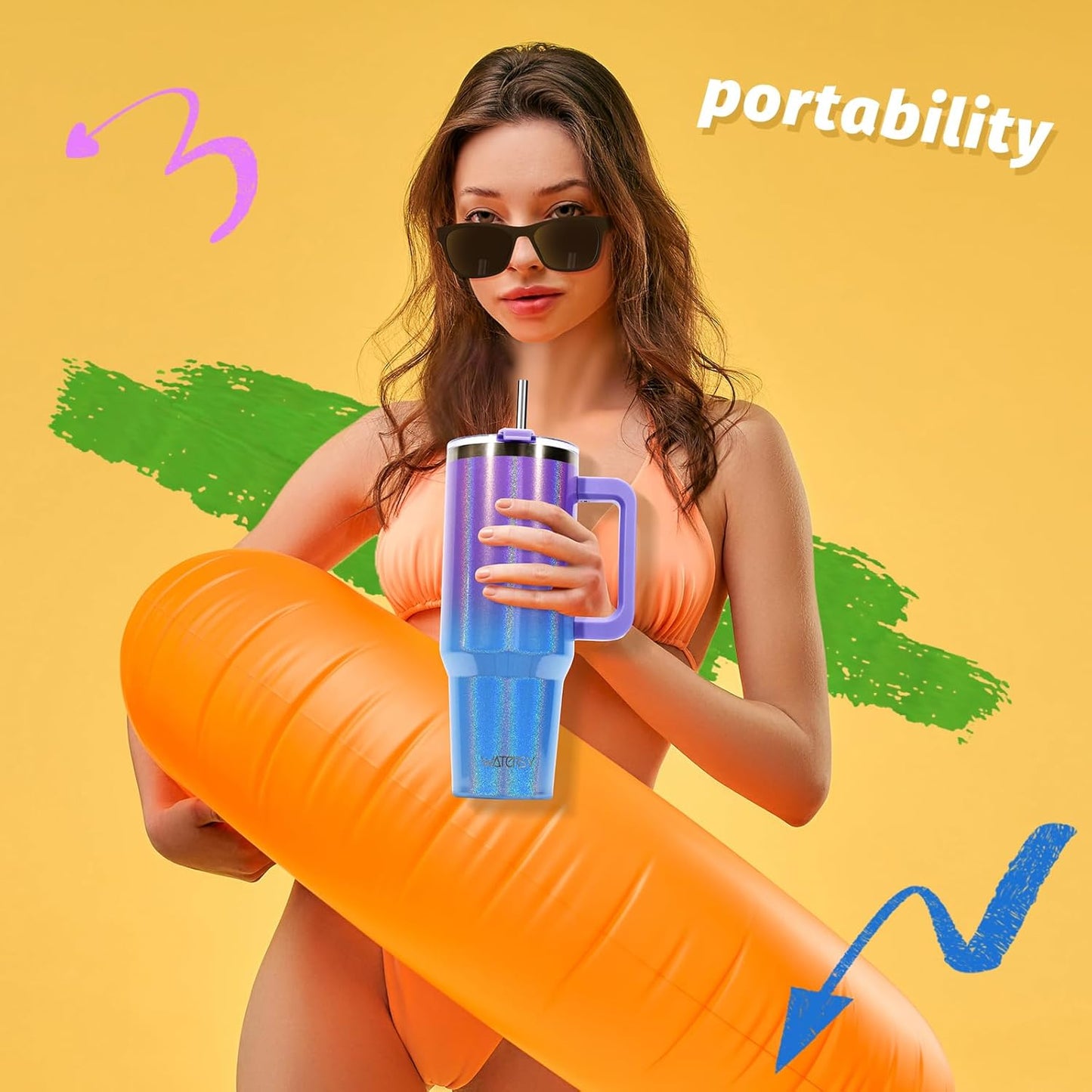 40 oz Shiny Tumbler with Handle and Straw,Stainless Steel Tumbler with Lid and Straw,Insulated Travel Mug(Cold for 34 Hours),Water Bottle for Iced Tea,Coffee (Yellow)