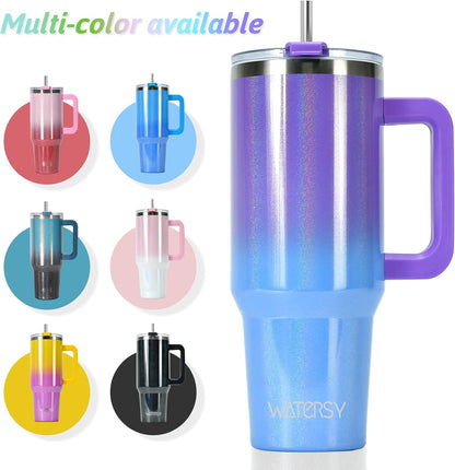 40 oz Shiny Tumbler with Handle and Straw,Stainless Steel Tumbler with Lid and Straw,Insulated Travel Mug(Cold for 34 Hours),Water Bottle for Iced Tea,Coffee (Yellow)