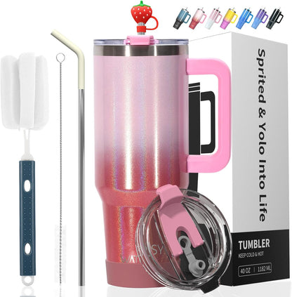 40 oz Shiny Tumbler with Handle and Straw,Stainless Steel Tumbler with Lid and Straw,Insulated Travel Mug(Cold for 34 Hours),Water Bottle for Iced Tea,Coffee (Yellow)