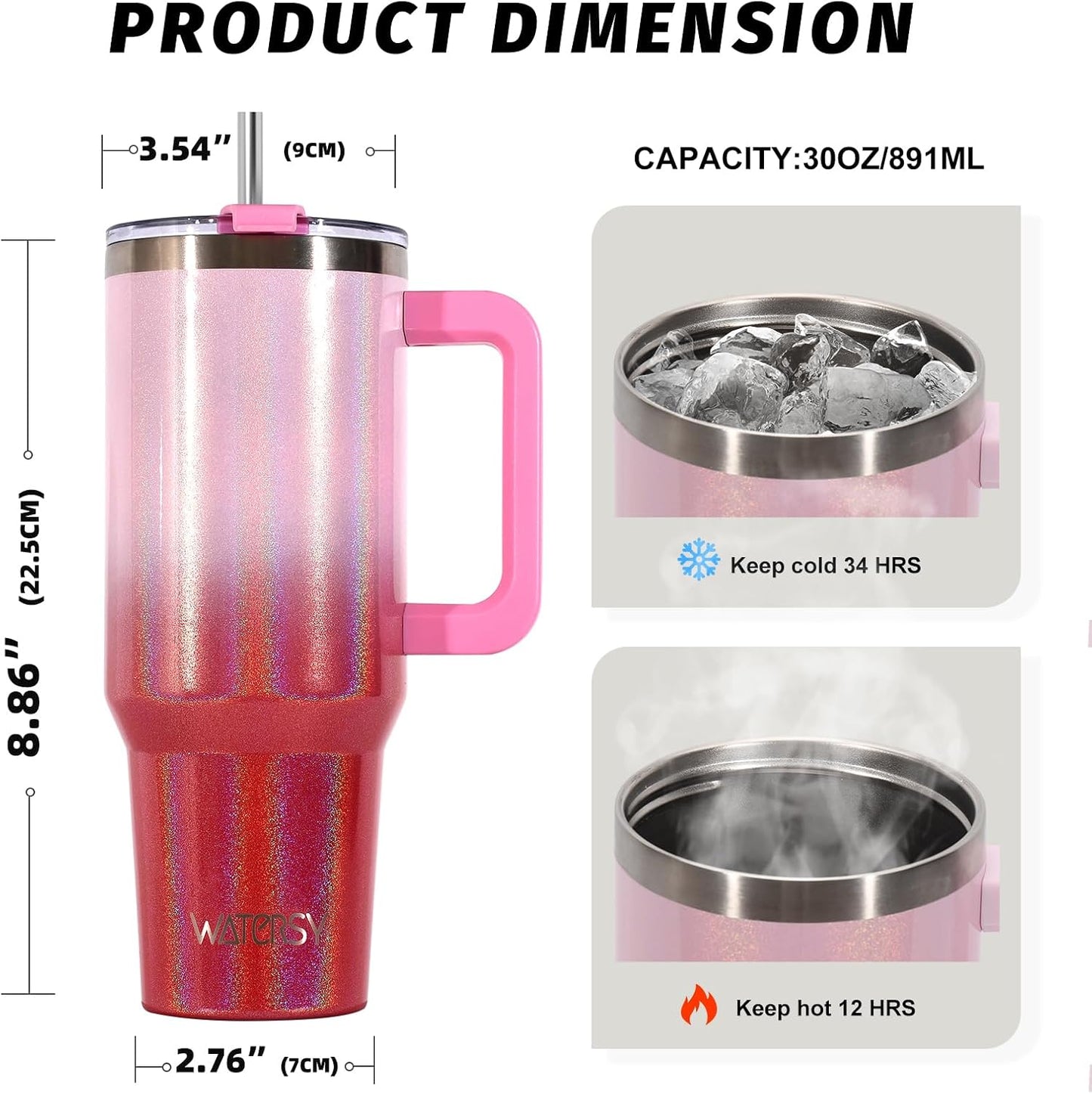 40 oz Shiny Tumbler with Handle and Straw,Stainless Steel Tumbler with Lid and Straw,Insulated Travel Mug(Cold for 34 Hours),Water Bottle for Iced Tea,Coffee (Yellow)