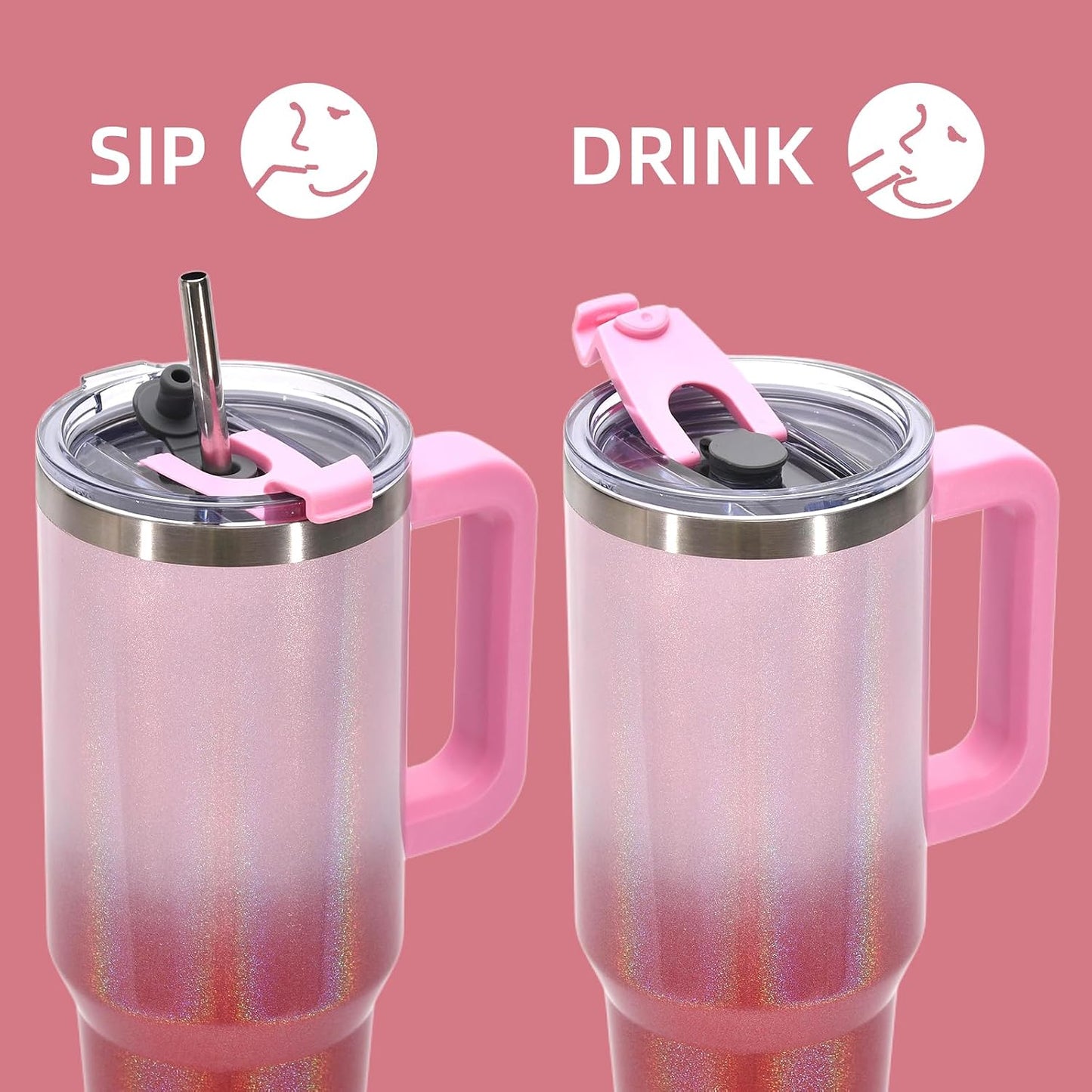 40 oz Shiny Tumbler with Handle and Straw,Stainless Steel Tumbler with Lid and Straw,Insulated Travel Mug(Cold for 34 Hours),Water Bottle for Iced Tea,Coffee (Yellow)