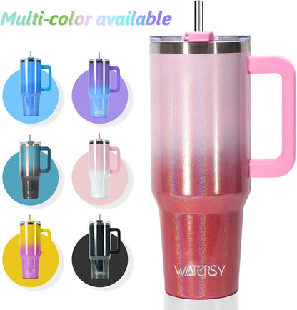 40 oz Shiny Tumbler with Handle and Straw,Stainless Steel Tumbler with Lid and Straw,Insulated Travel Mug(Cold for 34 Hours),Water Bottle for Iced Tea,Coffee (Yellow)