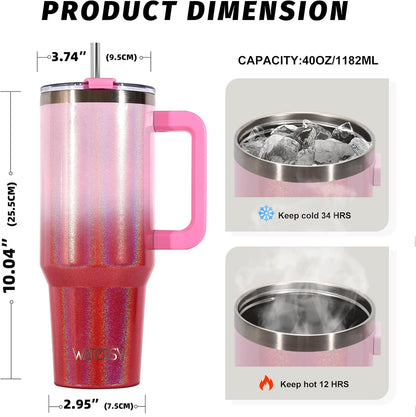40 oz Shiny Tumbler with Handle and Straw,Stainless Steel Tumbler with Lid and Straw,Insulated Travel Mug(Cold for 34 Hours),Water Bottle for Iced Tea,Coffee (Yellow)
