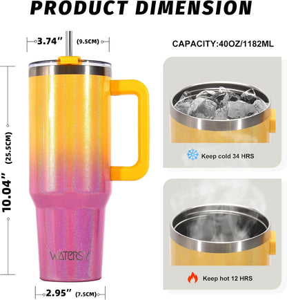 40 oz Shiny Tumbler with Handle and Straw,Stainless Steel Tumbler with Lid and Straw,Insulated Travel Mug(Cold for 34 Hours),Water Bottle for Iced Tea,Coffee (Yellow)