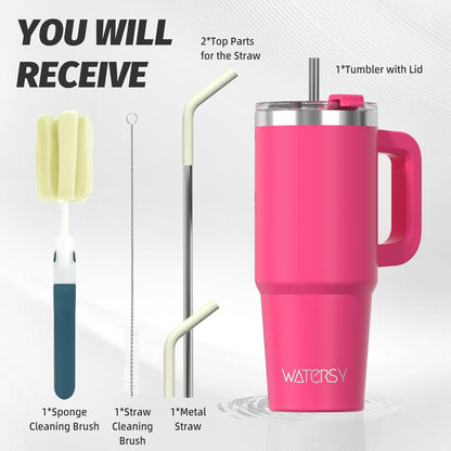 40 oz Shiny Tumbler with Handle and Straw,Stainless Steel Tumbler with Lid and Straw,Insulated Travel Mug(Cold for 34 Hours),Water Bottle for Iced Tea,Coffee (Yellow)