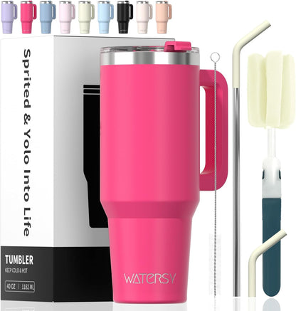 40 oz Shiny Tumbler with Handle and Straw,Stainless Steel Tumbler with Lid and Straw,Insulated Travel Mug(Cold for 34 Hours),Water Bottle for Iced Tea,Coffee (Yellow)