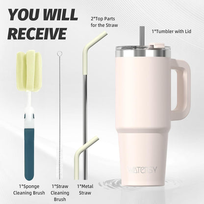 40 oz Shiny Tumbler with Handle and Straw,Stainless Steel Tumbler with Lid and Straw,Insulated Travel Mug(Cold for 34 Hours),Water Bottle for Iced Tea,Coffee (Yellow)