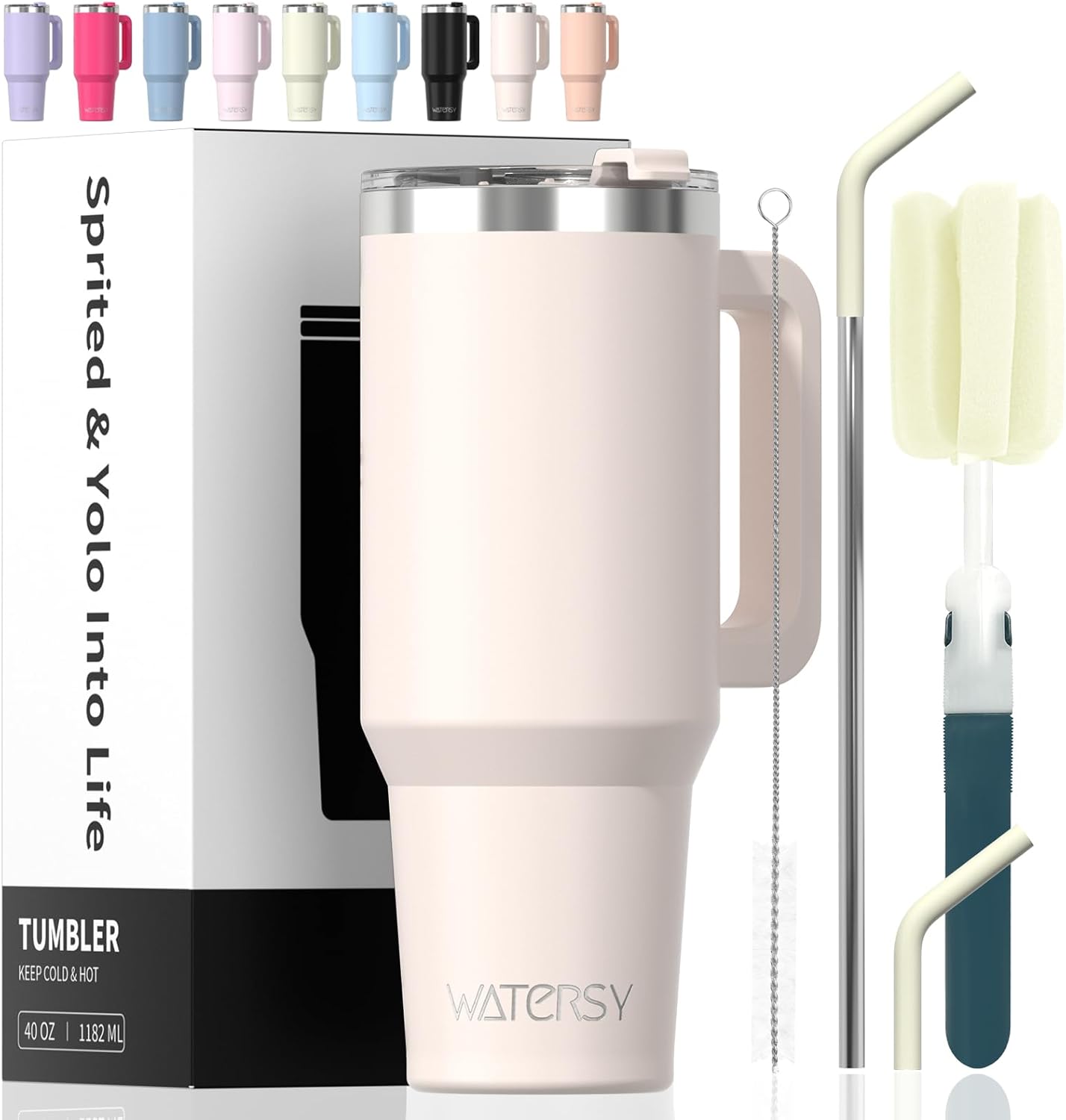 40 oz Shiny Tumbler with Handle and Straw,Stainless Steel Tumbler with Lid and Straw,Insulated Travel Mug(Cold for 34 Hours),Water Bottle for Iced Tea,Coffee (Yellow)