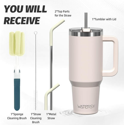 40 oz Shiny Tumbler with Handle and Straw,Stainless Steel Tumbler with Lid and Straw,Insulated Travel Mug(Cold for 34 Hours),Water Bottle for Iced Tea,Coffee (Yellow)