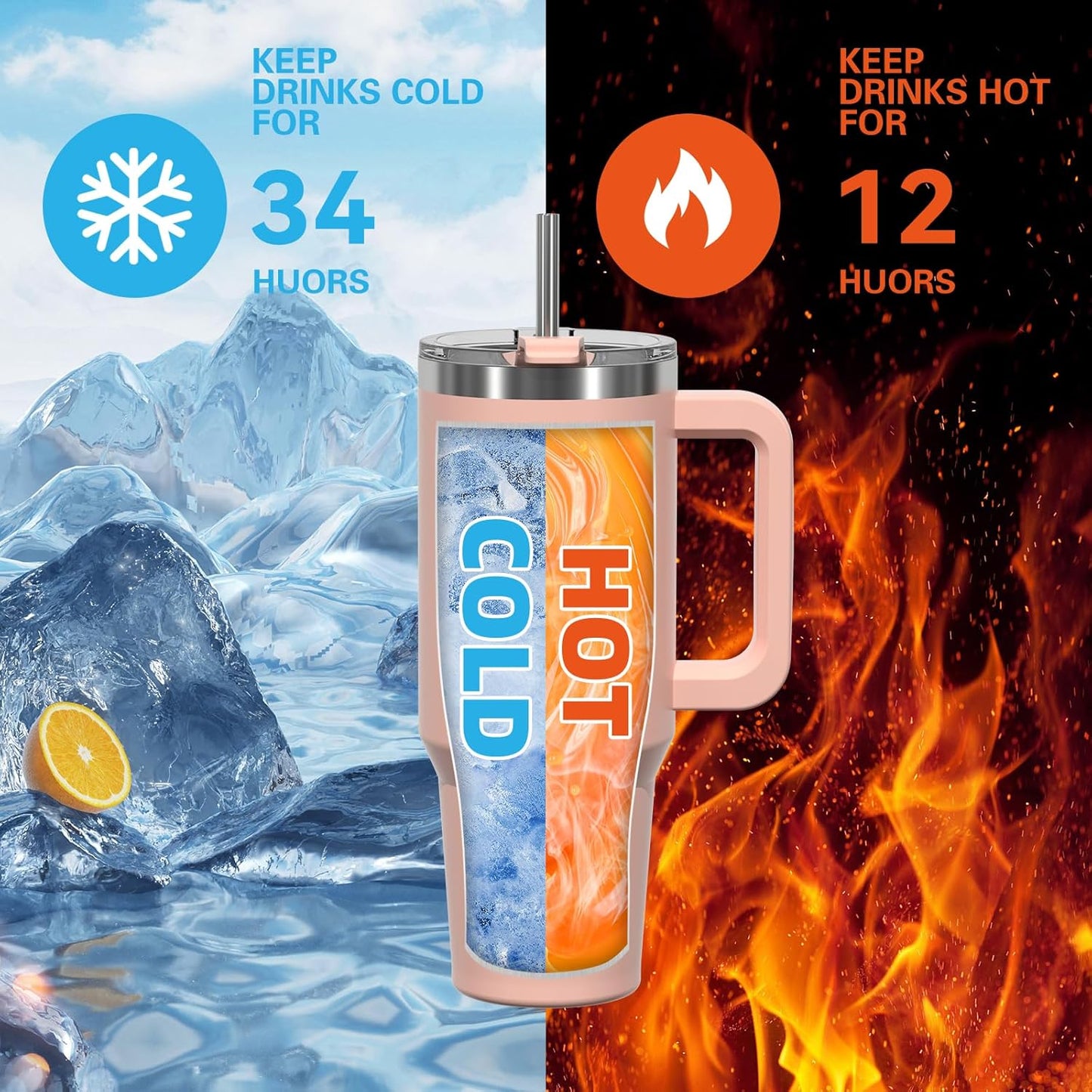 40 oz Shiny Tumbler with Handle and Straw,Stainless Steel Tumbler with Lid and Straw,Insulated Travel Mug(Cold for 34 Hours),Water Bottle for Iced Tea,Coffee (Yellow)