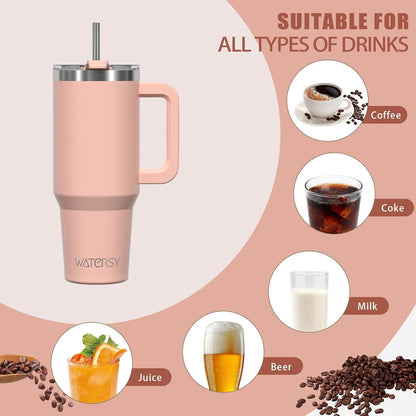 40 oz Shiny Tumbler with Handle and Straw,Stainless Steel Tumbler with Lid and Straw,Insulated Travel Mug(Cold for 34 Hours),Water Bottle for Iced Tea,Coffee (Yellow)