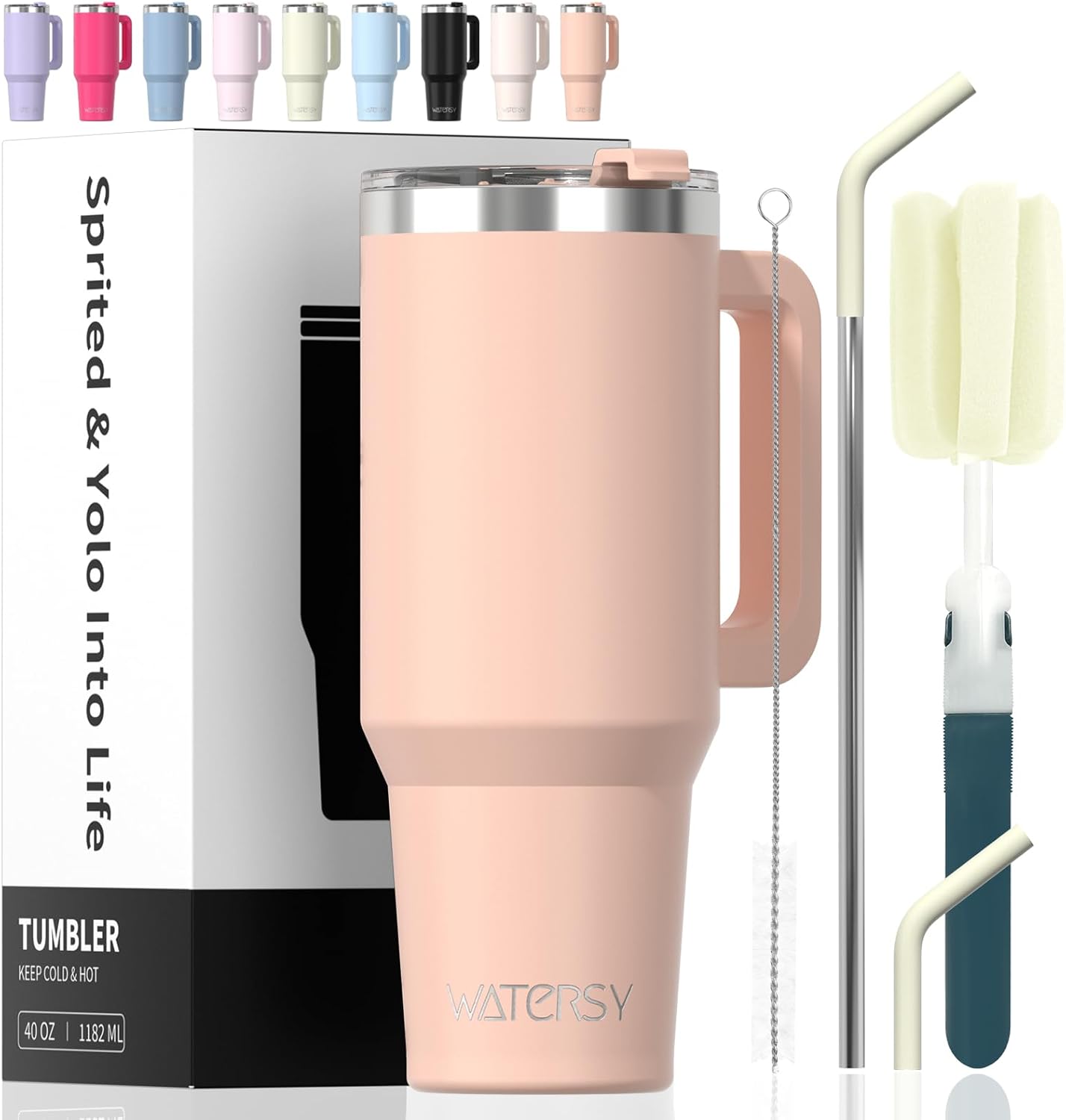 40 oz Shiny Tumbler with Handle and Straw,Stainless Steel Tumbler with Lid and Straw,Insulated Travel Mug(Cold for 34 Hours),Water Bottle for Iced Tea,Coffee (Yellow)
