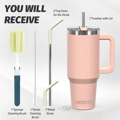 40 oz Shiny Tumbler with Handle and Straw,Stainless Steel Tumbler with Lid and Straw,Insulated Travel Mug(Cold for 34 Hours),Water Bottle for Iced Tea,Coffee (Yellow)