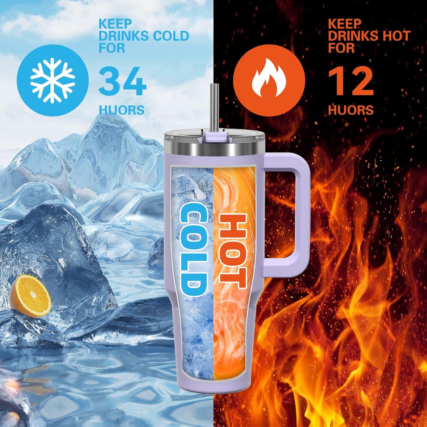 40 oz Shiny Tumbler with Handle and Straw,Stainless Steel Tumbler with Lid and Straw,Insulated Travel Mug(Cold for 34 Hours),Water Bottle for Iced Tea,Coffee (Yellow)