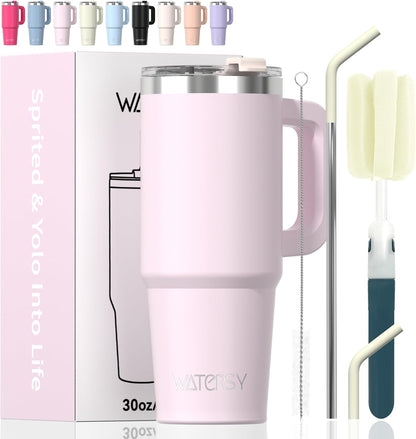 40 oz Shiny Tumbler with Handle and Straw,Stainless Steel Tumbler with Lid and Straw,Insulated Travel Mug(Cold for 34 Hours),Water Bottle for Iced Tea,Coffee (Yellow)