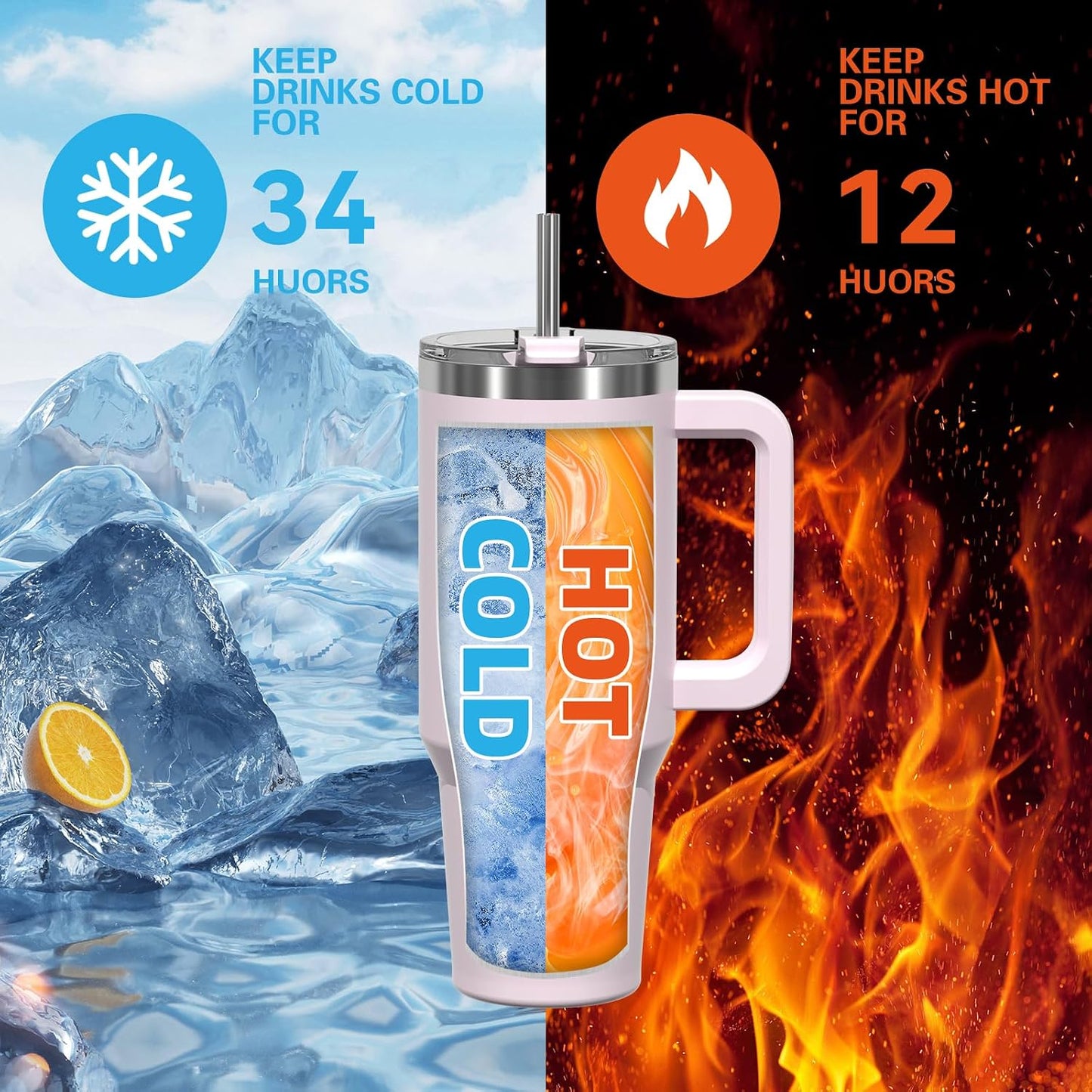 40 oz Shiny Tumbler with Handle and Straw,Stainless Steel Tumbler with Lid and Straw,Insulated Travel Mug(Cold for 34 Hours),Water Bottle for Iced Tea,Coffee (Yellow)