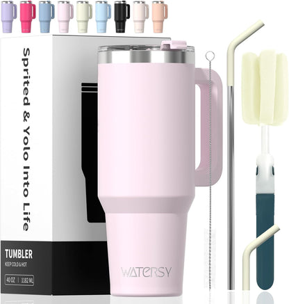 40 oz Shiny Tumbler with Handle and Straw,Stainless Steel Tumbler with Lid and Straw,Insulated Travel Mug(Cold for 34 Hours),Water Bottle for Iced Tea,Coffee (Yellow)