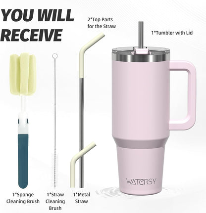 40 oz Shiny Tumbler with Handle and Straw,Stainless Steel Tumbler with Lid and Straw,Insulated Travel Mug(Cold for 34 Hours),Water Bottle for Iced Tea,Coffee (Yellow)
