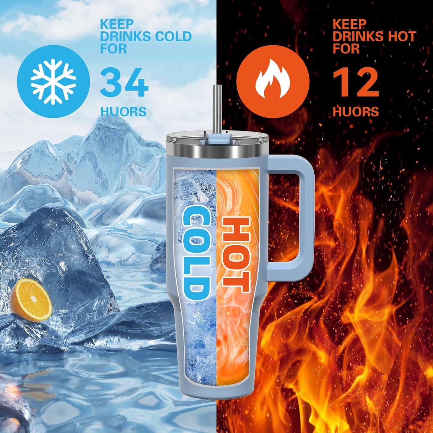 40 oz Shiny Tumbler with Handle and Straw,Stainless Steel Tumbler with Lid and Straw,Insulated Travel Mug(Cold for 34 Hours),Water Bottle for Iced Tea,Coffee (Yellow)