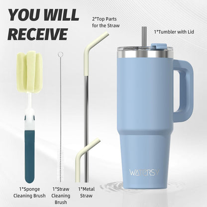 40 oz Shiny Tumbler with Handle and Straw,Stainless Steel Tumbler with Lid and Straw,Insulated Travel Mug(Cold for 34 Hours),Water Bottle for Iced Tea,Coffee (Yellow)