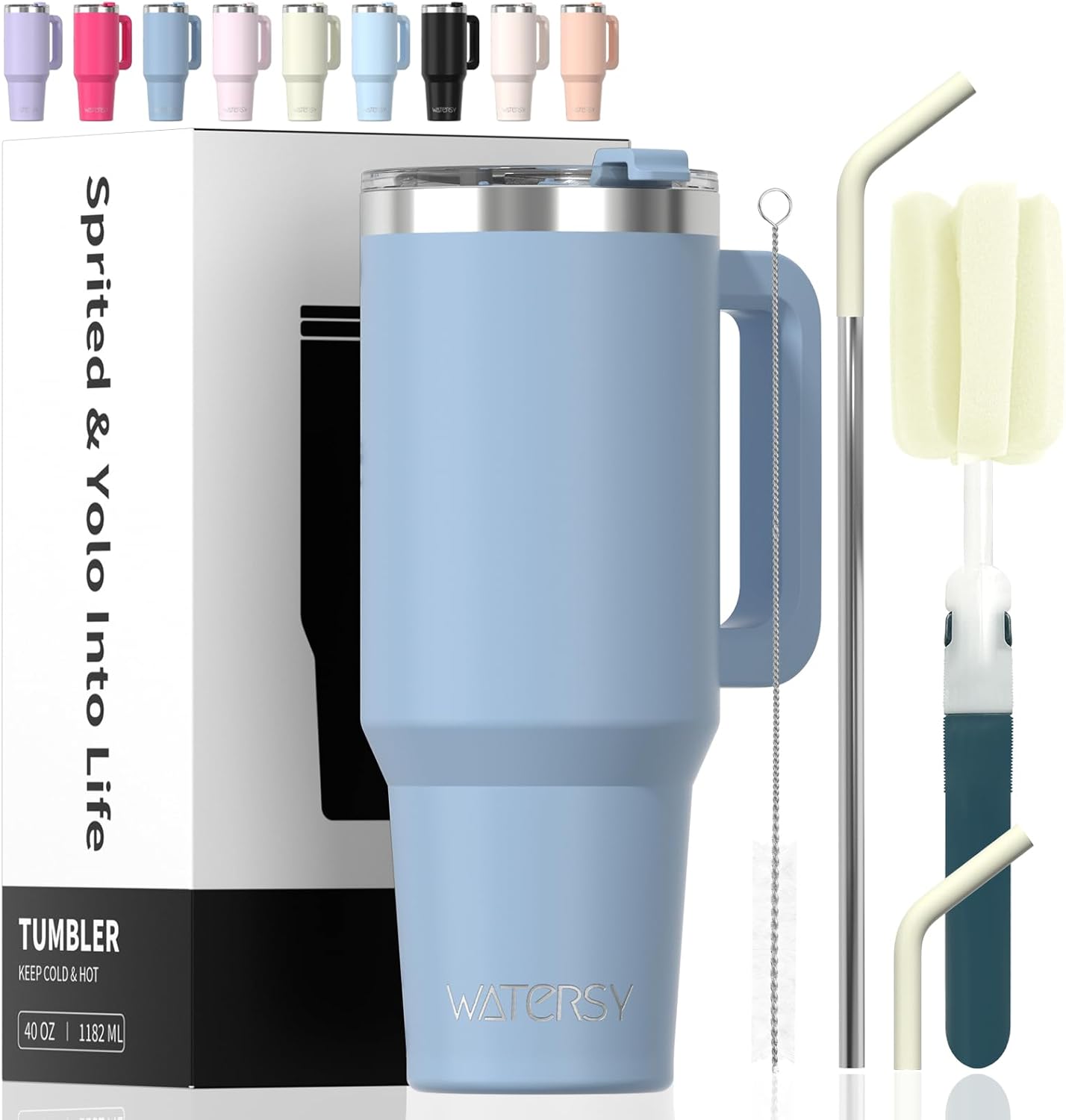 40 oz Shiny Tumbler with Handle and Straw,Stainless Steel Tumbler with Lid and Straw,Insulated Travel Mug(Cold for 34 Hours),Water Bottle for Iced Tea,Coffee (Yellow)