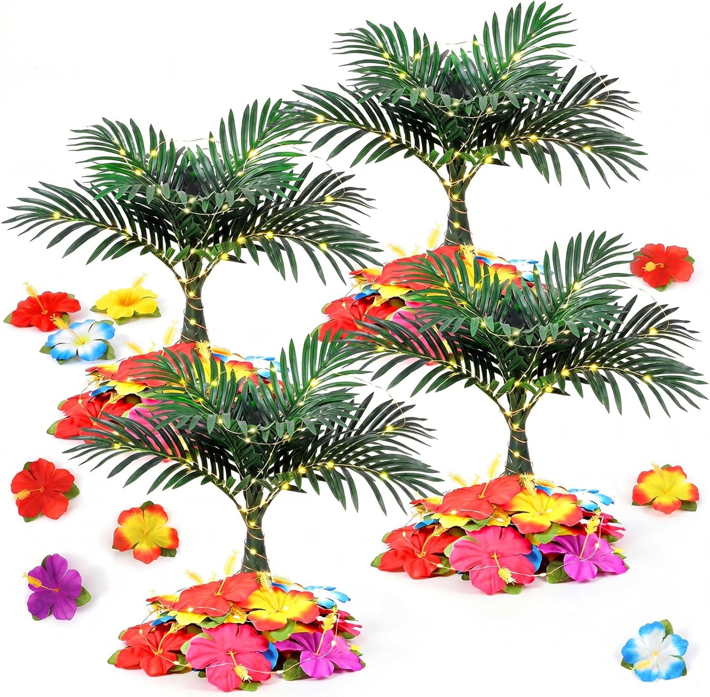 108 Pcs Hawaiian Flower Centerpieces for Tables with Artificial Palm Tree, Artificial Hibiscus Flowers and String Lights Fake Tropical Flowers Party Table Decorations for Hawaii Luau Summer