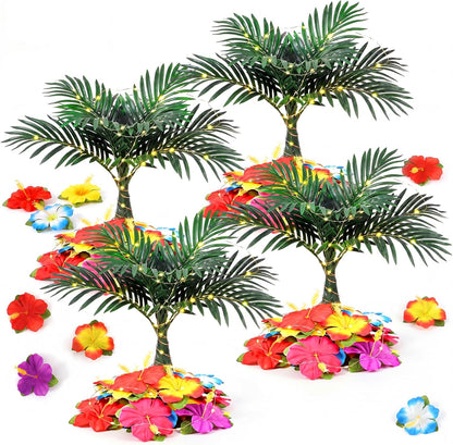 108 Pcs Hawaiian Flower Centerpieces for Tables with Artificial Palm Tree, Artificial Hibiscus Flowers and String Lights Fake Tropical Flowers Party Table Decorations for Hawaii Luau Summer