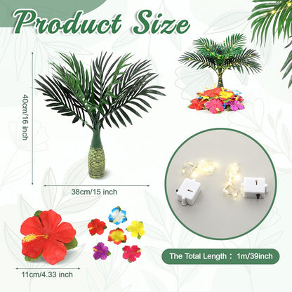 108 Pcs Hawaiian Flower Centerpieces for Tables with Artificial Palm Tree, Artificial Hibiscus Flowers and String Lights Fake Tropical Flowers Party Table Decorations for Hawaii Luau Summer