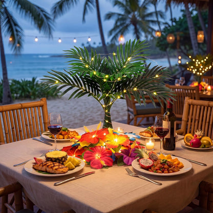 108 Pcs Hawaiian Flower Centerpieces for Tables with Artificial Palm Tree, Artificial Hibiscus Flowers and String Lights Fake Tropical Flowers Party Table Decorations for Hawaii Luau Summer