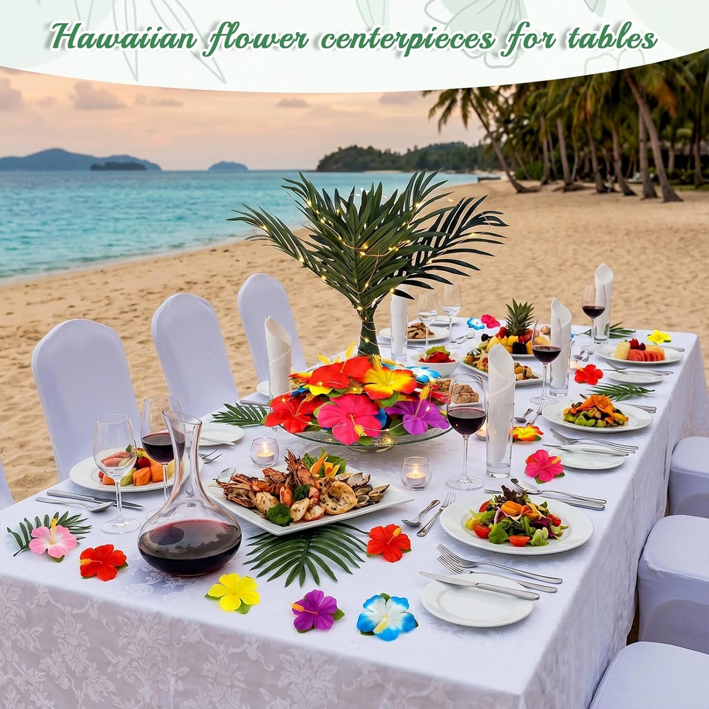 108 Pcs Hawaiian Flower Centerpieces for Tables with Artificial Palm Tree, Artificial Hibiscus Flowers and String Lights Fake Tropical Flowers Party Table Decorations for Hawaii Luau Summer