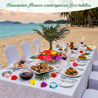 108 Pcs Hawaiian Flower Centerpieces for Tables with Artificial Palm Tree, Artificial Hibiscus Flowers and String Lights Fake Tropical Flowers Party Table Decorations for Hawaii Luau Summer