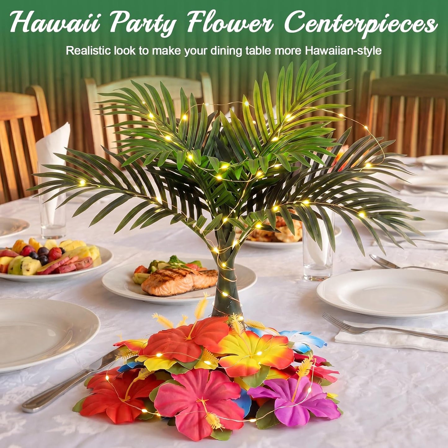 108 Pcs Hawaiian Flower Centerpieces for Tables with Artificial Palm Tree, Artificial Hibiscus Flowers and String Lights Fake Tropical Flowers Party Table Decorations for Hawaii Luau Summer