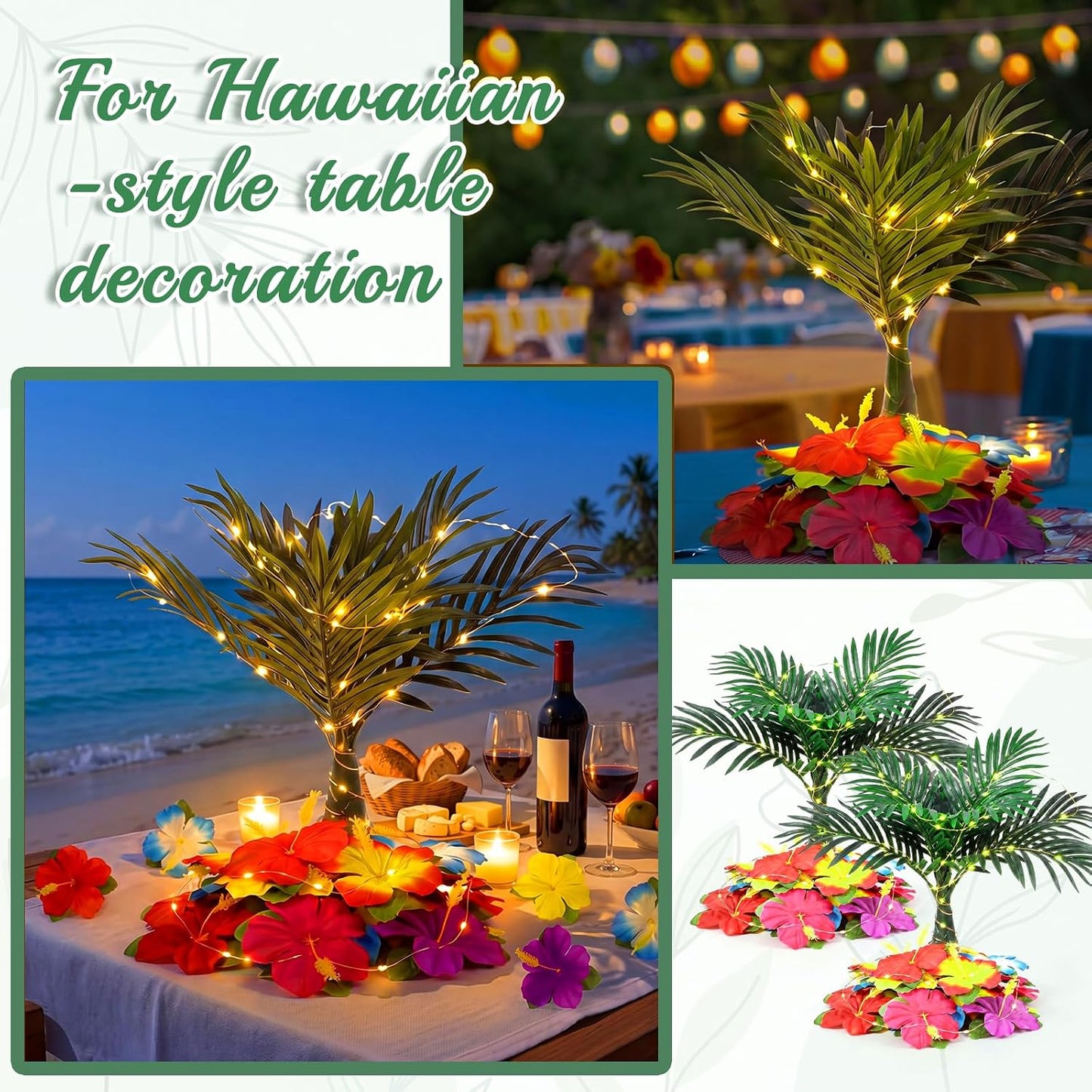 108 Pcs Hawaiian Flower Centerpieces for Tables with Artificial Palm Tree, Artificial Hibiscus Flowers and String Lights Fake Tropical Flowers Party Table Decorations for Hawaii Luau Summer