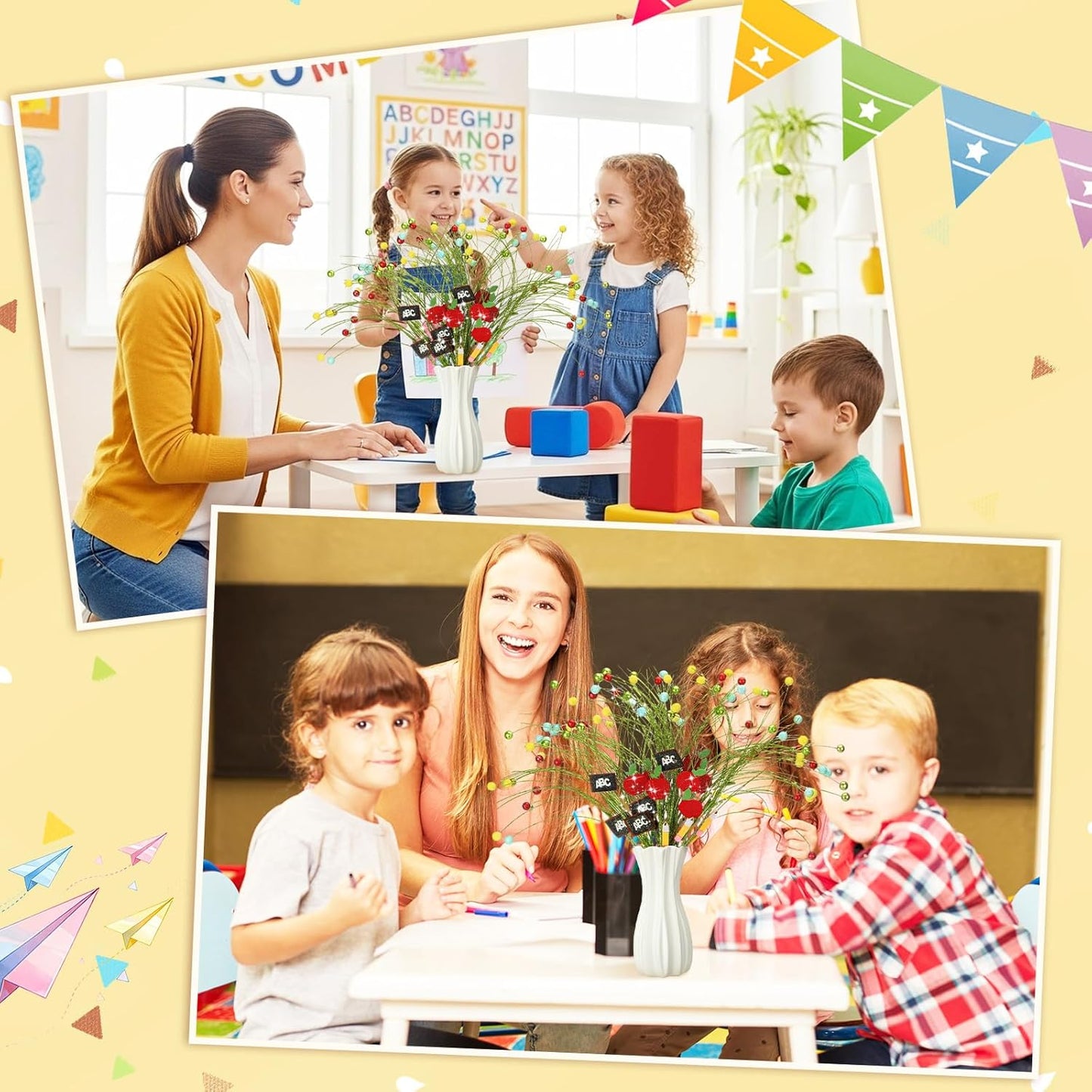 12pcs Back to School Party Centerpiece Sticks 15 Inch Metal Glitter First Day of School Floral Tree Picks Apple Blackboard Pencil Decorations for Classroom Themed Party Decorations