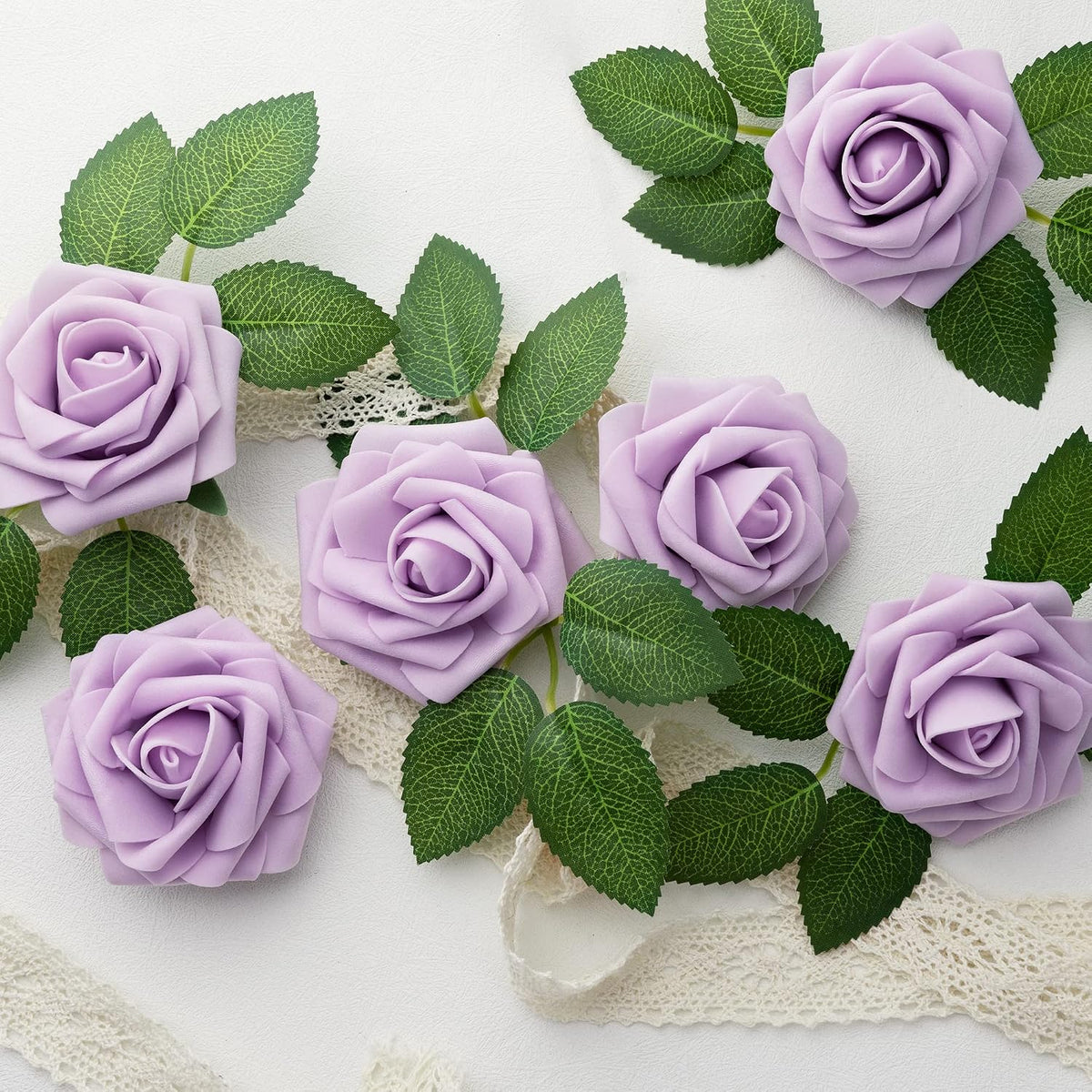 50Pcs Rose Artificial Flowers, lavender Fake Roses for Decorations, Light Purple Foam Fake Flowers with Stems DIY Wedding Bouquet Bridal Shower Centerpieces Floral Arrangement Party Home Decor