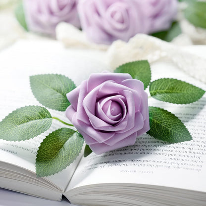 50Pcs Rose Artificial Flowers, lavender Fake Roses for Decorations, Light Purple Foam Fake Flowers with Stems DIY Wedding Bouquet Bridal Shower Centerpieces Floral Arrangement Party Home Decor