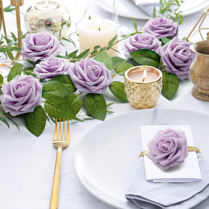 50Pcs Rose Artificial Flowers, lavender Fake Roses for Decorations, Light Purple Foam Fake Flowers with Stems DIY Wedding Bouquet Bridal Shower Centerpieces Floral Arrangement Party Home Decor