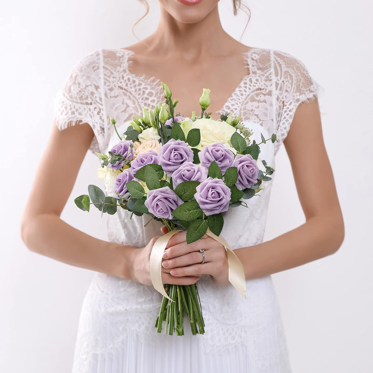50Pcs Rose Artificial Flowers, lavender Fake Roses for Decorations, Light Purple Foam Fake Flowers with Stems DIY Wedding Bouquet Bridal Shower Centerpieces Floral Arrangement Party Home Decor