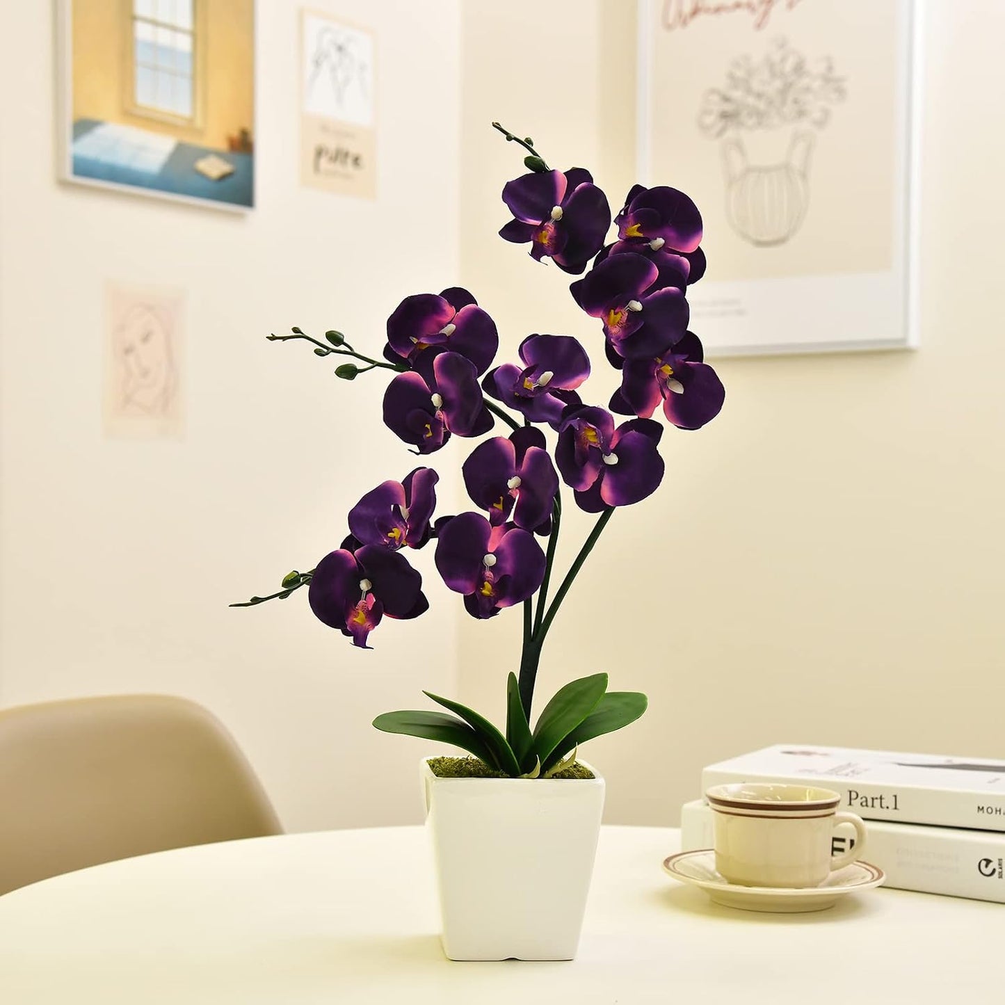 15" Tall Artificial Silk Phalaenopsis Orchid Flower Plant Pot Arrangements (Dark Purple)