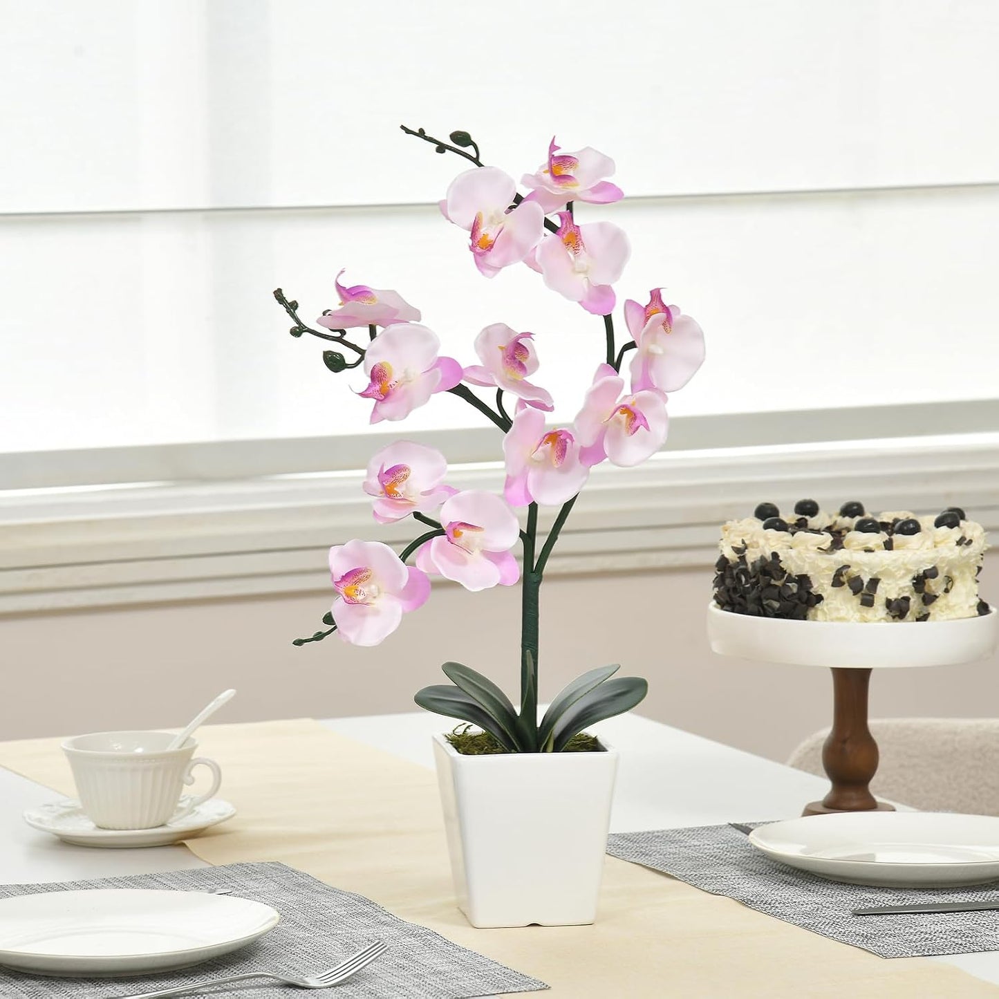 15" Tall Artificial Silk Phalaenopsis Orchid Flower Plant Pot Arrangements (Dark Purple)