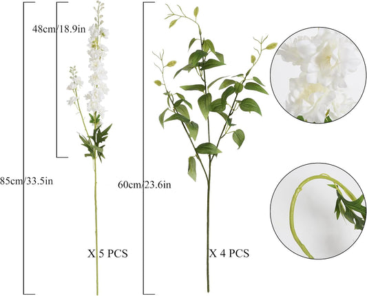 White Flowers Artificial Delphinium 9PCS with Clematis Greenery for Wedding & Home Decor